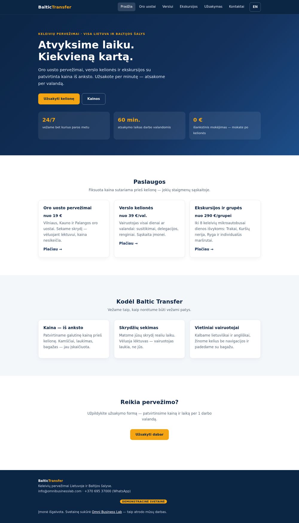test.omnibusinesslab.com — site de démonstration pour le transport de passagers — capture d'écran du site
