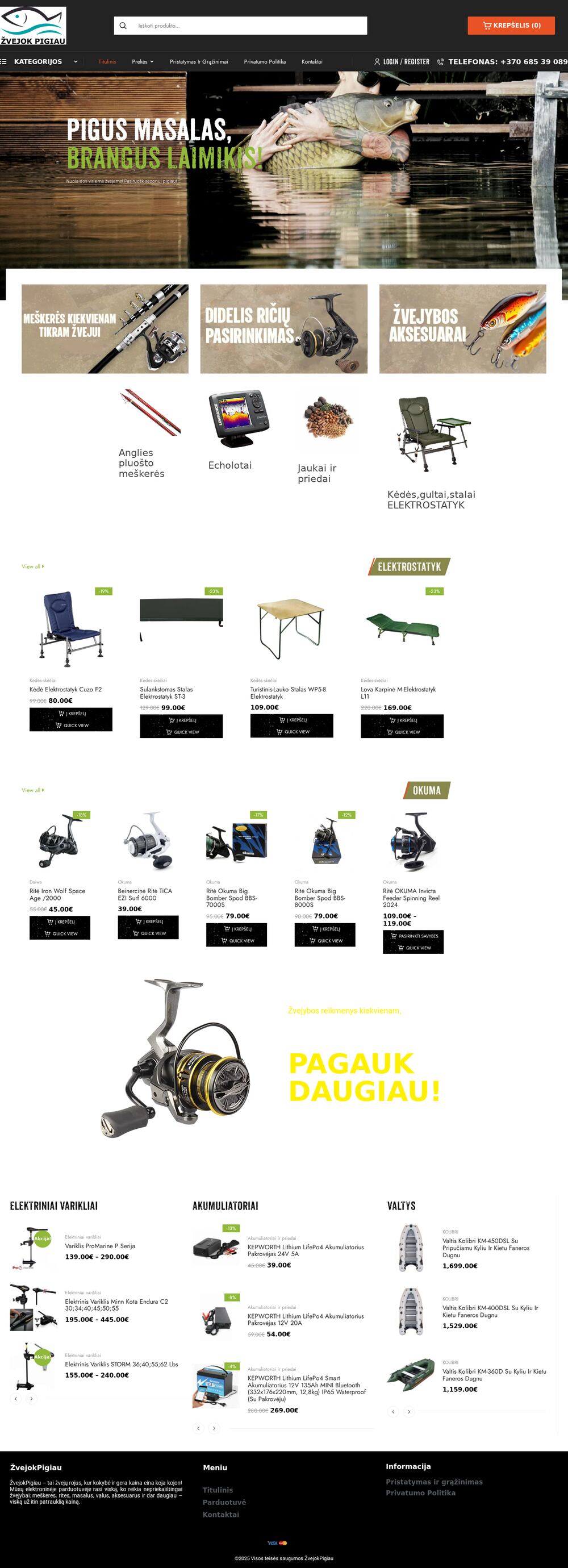 zvejokpigiau.lt — textes SEO et mots-clés pour une e-boutique d'articles de pêche — capture d'écran du site